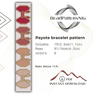 Könnte beinhalten: Ein digitales Peyote-Armbandmuster mit einem sich wiederholenden geometrischen Design in Rot-, Beige- und Brauntönen. Das Muster hat 19 Spalten und 91 Reihen mit 6 Farben. Der Text "Peyote bracelet pattern" wird angezeigt.