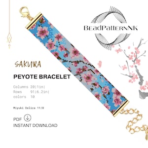 May include: A beaded peyote bracelet pattern with a floral design. The bracelet features a blue background with pink cherry blossoms. The text "SAKURA PEYOTE BRACELET" is displayed. The bracelet is 2.5 cm wide and 15.7 cm long.