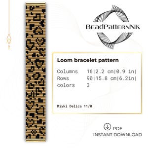 May include: A loom bracelet pattern with a gold and black design. The pattern includes 16 columns (0.9 in) and 90 rows (6.2 in). The design uses 3 colors and is for Miyuki Delica 11/0 beads. The text "Loom bracelet pattern" is visible.