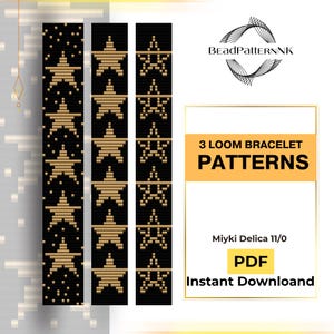 Puede incluir: Diseños de pulseras de telar con patrones de estrellas negras y doradas. La imagen incluye tres patrones diferentes, cada uno con un motivo de estrella. El texto de la imagen dice "3 Loom Bracelet Patterns", "Miyki Delica 11/0" y "PDF Instant Download".