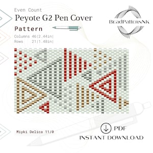 May include: A peyote stitch beading pattern for a pen cover. The pattern is for an even count peyote stitch and uses Miyuki Delica 11/0 beads. The pattern is 46 beads wide by 21 beads tall and measures 2.44 inches wide by 1.48 inches tall. The pattern is shown in red, gold, gray, and white beads.