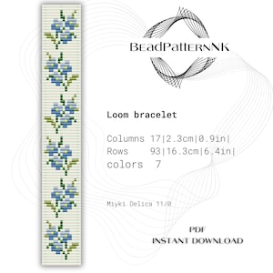 Pode incluir: Um padrão de pulseira de tear com um design floral em azul, verde e branco. O padrão tem 17 colunas, 93 linhas e usa 7 cores. As dimensões são 2,3 cm de largura e 16,3 cm de comprimento. Download instantâneo em PDF.