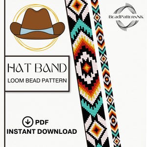 Op de afbeelding: Een digitaal PDF-patroon voor een loom bead project voor een hoedenband. Het ontwerp bevat een bruine cowboyhoedillustratie en twee kralenbandpatronen in turquoise, oranje, geel, zwart en wit. De tekst bevat "HAT BAND" en "LOOM BEAD PATTERN".