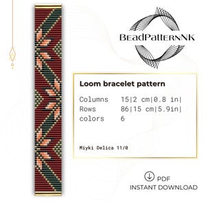 Può includere: Uno schema per braccialetto a telaio con un design rosso, verde e arancione. Lo schema è per un braccialetto largo 15/2 cm (0,8 pollici) e lungo 86/15 cm (5,9 pollici). Richiede 6 colori di perline Miyki Delica 11/0. Lo schema è disponibile per il download in PDF.