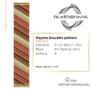 May include: A beaded peyote bracelet pattern with a diagonal stripe design in red, cream, and brown. The pattern includes the text "Peyote bracelet pattern" and "Miyki Delica 11/0". The pattern is 2.8cm wide and 16cm long.