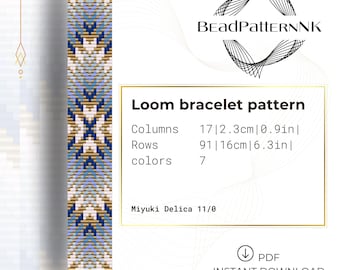 Blue Ombre Loom Bracelet Pattern PDF | Geometric Miyuki Delica Beading Chart | Gold Blue Gradient Cuff