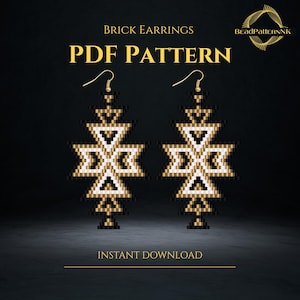 May include: Two beaded brick earrings with a geometric design in gold, black, and white. The earrings are displayed against a dark background with the text "BRICK EARRINGS PDF PATTERN" and "INSTANT DOWNLOAD".