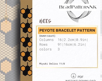 Bee Peyote Bracelet Pattern PDF | Honeycomb Miyuki Delica Beading Chart | Even Count Seed Bead Tutorial
