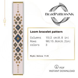May include: A loom bracelet pattern design with a geometric pattern in gold and navy blue on a light pink background. The pattern is 2 cm wide and 15.8 cm long. The design uses 3 colours and Miyuki Delica 11/0 beads.