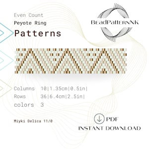 Puede incluir: Un patrón de pulsera de cuentas con un diseño geométrico en beige, blanco y dorado. El patrón tiene 10 columnas de ancho y 36 filas de largo, midiendo 3,5 cm de ancho y 6,4 cm de largo. El patrón es para punto de peyote de conteo par y utiliza cuentas Miyuki Delica 11/0. El patrón está disponible como descarga instantánea PDF.