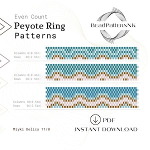 May include: A digital PDF pattern for Peyote ring patterns. The image shows three different beaded ring designs with varying column counts and wave patterns. Each design is approximately 0.3 to 0.5 inches wide and 2.5 inches long. The patterns use Miyuki Delica 11/0 beads.