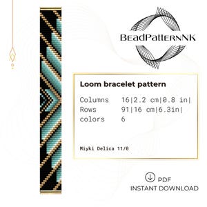May include: A loom bracelet pattern with a geometric design in black, gold, and blue. The pattern is for a bracelet that is 6.3 inches long and 0.8 inches wide. The pattern requires 6 colors of Miyuki Delica 11/0 beads.