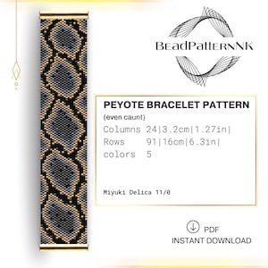 May include: A beaded peyote bracelet pattern with a snake-like design in black, blue, and tan. The pattern includes the text "PEYOTE BRACELET PATTERN" and details: 24 columns (1.27in), 91 rows (6.3in), and 5 colors. The pattern is an instant PDF download.