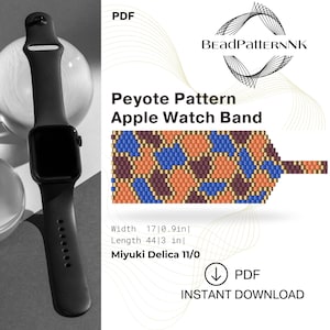以下が含まれることがあります： 黒いApple Watchと、ビーズのペヨーテ柄のバンド。バンドは青、オレンジ、茶色の幾何学模様です。パターンは幅2.3cm、長さ7.6cmです。画像には「Peyote Pattern Apple Watch Band」という文字も含まれています。