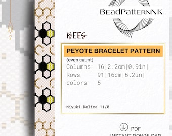Bees Peyote Bracelet Pattern PDF | Honeycomb Peyote Bracelet Pattern, Golden Beehive Cuff Chart, Sweet Honey Hexagon Beadweaving.