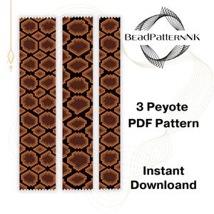 May include: Three vertical beadwork patterns with a brown and black snake skin design. The patterns are displayed on a white background with the text "3 Peyote PDF Pattern" and "Instant Download". The logo "BeadPatternNK" is also visible.