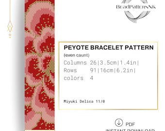 Red Flower Petals Peyote Bracelet Pattern, Beaded Floral bracelet, Miyuki Delica beadwork Seed bead jewelry Beading tutorial InstantDownload