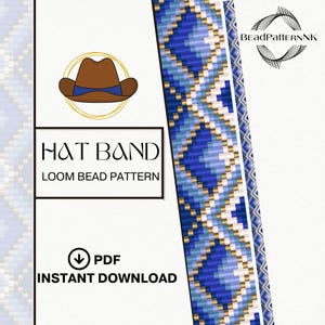 May include: A digital PDF pattern for a hat band loom bead project. The design features a brown cowboy hat with a blue band, and a geometric pattern in shades of blue, white, and gold. Text includes "HAT BAND" and "LOOM BEAD PATTERN".