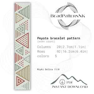 Geometric Peyote Even Count Bracelet Pattern, Miyuki Delica Bracelet PDF Pattern, Beading Red Gold Silver Triangles Beadwork Jewelry PDF