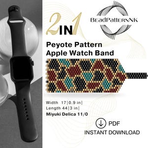 以下が含まれることがあります： 黒いApple Watchとビーズバンド。バンドは、黒、ティール、バーガンディ、ゴールドの幾何学模様です。「Peyote Pattern Apple Watch Band」と書かれています。バンドの幅は2.3cm、長さは7.6cmです。