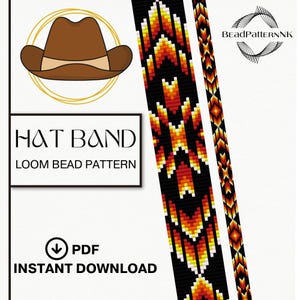May include: A digital download graphic featuring a brown cowboy hat illustration with a gold outline. The text "HAT BAND LOOM BEAD PATTERN" is displayed, along with a PDF download icon and the words "INSTANT DOWNLOAD". The design includes colorful beadwork patterns.