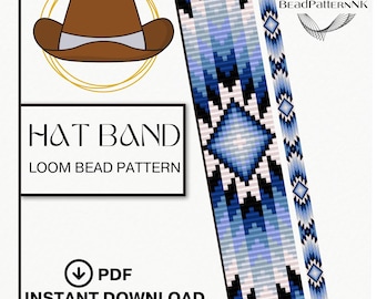 Bead Loom Hatband Pattern PDF, Native Inspired Geometric Hatband, Blue Ombre Miyuki Delica Loom Beading, Western Cowgirl & Cowboy Design