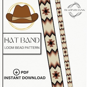 May include: A digital download graphic featuring a brown cowboy hat illustration with a gold outline. The image includes a hat band loom bead pattern in beige, black, and brown, with the text "HAT BAND" and "LOOM BEAD PATTERN".