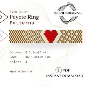 May include: A peyote stitch beading pattern for a bracelet with a red heart design. The pattern is for an 8 column by 36 row bracelet using 4 colors of Miyuki Delica 11/0 beads. The pattern is available as an instant PDF download.