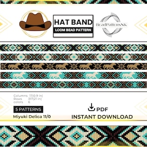 May include: A digital loom bead pattern for a hat band featuring five designs in black, turquoise, and tan. The graphic displays geometric shapes and horse silhouettes, with text including HAT BAND, BEADPATTERNNK, and dimensions of 0.9 inches by 21 inches.
