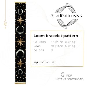 Op de afbeelding: Zwart en goud loom armbandpatroon met maan- en sterontwerpen. Het patroon is 2 cm breed en 16 cm lang. De tekst luidt "Loom bracelet pattern" en "Instant Download".
