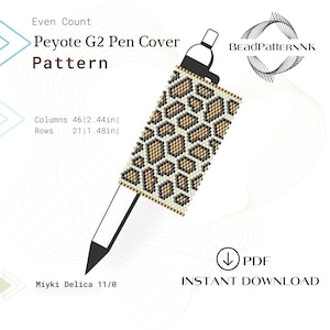Peut inclure: Un motif de couverture de stylo avec un motif léopard. Le motif est pour une couverture de stylo Peyote G2 et comprend le texte "Even Count Peyote G2 Pen Cover Pattern". Le motif mesure 6,2 cm de large et 3,8 cm de haut.