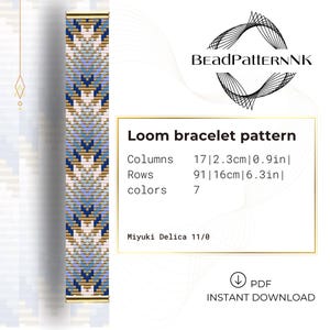 May include: A loom bracelet pattern with a geometric design in blue, gold, and white. The pattern includes 17 columns (0.9 inches) and 91 rows (6.3 inches). The design uses 7 colors and is made with Miyuki Delica 11/0 beads. The text "Loom bracelet pattern" is displayed.
