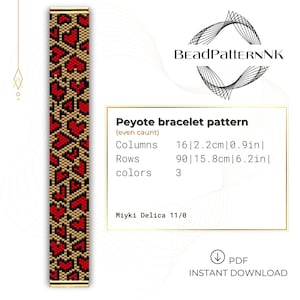 Könnte beinhalten: Ein Peyote-Stich-Armbandmuster mit einem roten und goldenen Herzdesign. Das Muster ist für ein Armband, das 16 Spalten breit und 90 Reihen lang ist und 2,2 cm breit und 15,8 cm lang misst. Das Muster ist für die Verwendung mit Miyuki Delica 11/0 Perlen.