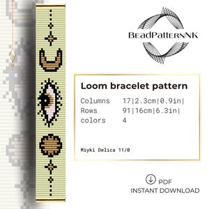 May include: A loom bracelet pattern design with geometric shapes in beige, black, and brown. The design includes a crescent moon, an eye, and a sun. The text reads "Loom bracelet pattern" and includes dimensions in cm and inches.