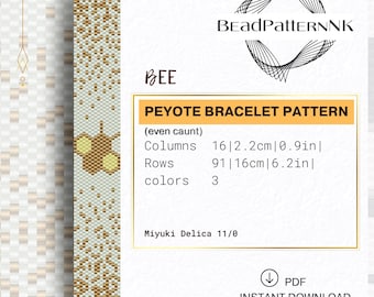 Modèle de bracelet Peyote Abeille (PDF) | Broderie nid d'abeille | Perles Miyuki Delica 11/0 | Modèles de perles de rocaille à nombre pair | Modèle de perles