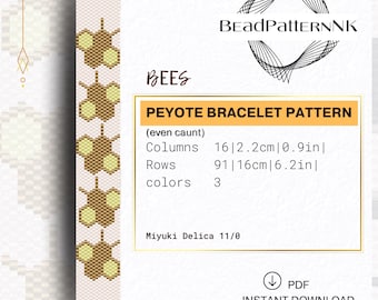 Bees Peyote Bracelet Pattern PDF | Honeycomb Peyote Bracelet Pattern, Golden Beehive Cuff Chart, Sweet Honey Hexagon Beadweaving.