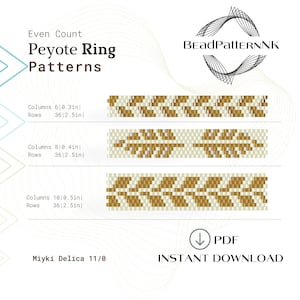 May include: Three peyote stitch beading patterns for rings, each with a different design. The patterns are for even counts of beads and are 36 rows tall. The patterns are for rings with 6, 8, and 10 beads across. The patterns are for use with Miyuki Delica 11/0 beads. The text "BeadPatteRNNK" and "INSTANT DOWNLOAD" are also visible.