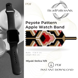 以下が含まれることがあります： ビーズでできたApple Watchバンドのデジタルダウンロード可能なPDFパターンです。パターンは、黒、金、赤、白のビーズを使ったペヨーテステッチのデザインです。バンドの幅は1.7インチ、長さは4.4インチです。パターンは、ミユキデリカ11/0ビーズで作られています。