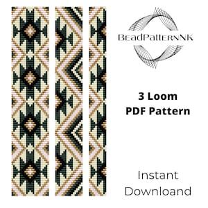 May include: Three vertical loom patterns with geometric designs in black, tan, and cream colors. The patterns feature diamond and zigzag shapes. The image includes the text "3 Loom PDF Pattern" and "Instant Download" with a logo.