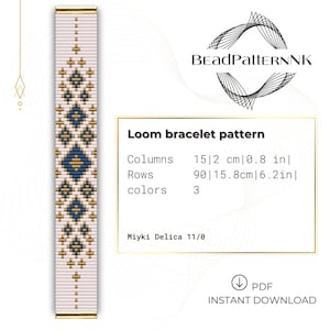 May include: A loom bracelet pattern design featuring a geometric pattern in gold and navy blue on a light pink background. The pattern is 0.8 inches wide and 6.2 inches long. The design uses 3 colors and Miyuki Delica 11/0 beads.