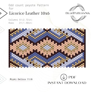 以下が含まれることがあります： Licorice Leather 10x6のデジタルパターン。奇数ペヨーテのデザインで、51列（6.9cm）と21行（3.8cm）が含まれています。Miyki Delica 11/0ビーズを使用し、PDF形式で即時ダウンロードできます。