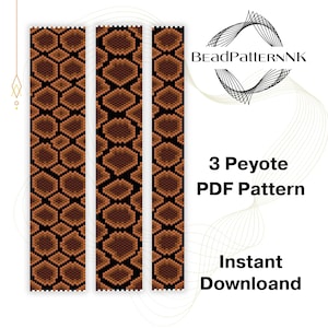 May include: Three vertical patterns with a brown and black snake skin design. The patterns are for a 3 Peyote PDF pattern. The text "BeadPatternNK" and "Instant Download" are also visible.