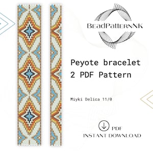 May include: Two PDF patterns for a peyote stitch bracelet, featuring a geometric design with blue, orange, and yellow beads. The patterns are for Miyuki Delica 11/0 beads.  BeadPatternNK is the name of the shop.