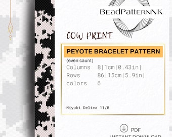 Cow Print Peyote Bracelet Pattern PDF, Animal Print Seed Bead Bracelet, Even Count Peyote Stitch, Miyuki Delica Beading Pattern