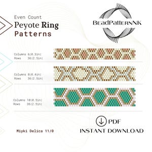 Könnte beinhalten: Drei Perlenmuster für Peyote-Stichringe, jedes mit verschiedenen Farbkombinationen. Die Muster sind für Ringe mit 6, 8 und 10 Spalten, die jeweils 0,3, 0,4 und 0,5 Zoll breit sind. Alle Muster haben 36 Reihen und sind 2,5 Zoll lang. Die Muster sind für die Verwendung mit Miyuki Delica 11/0 Perlen gedacht. Der Text "BeadPatteRNNK" und "INSTANT DOWNLOAD" ist ebenfalls sichtbar.