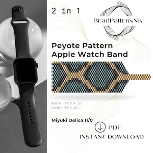 May include: A digital illustration of a beaded Apple Watch band pattern in a peyote stitch. The pattern features a geometric design with black, gold, and teal beads. The text "Peyote Pattern Apple Watch Band" is displayed above the pattern. The text "Width 17/0.9 in Length 44/3 in" is displayed below the pattern. The text "Miyuki Delica 11/0" is displayed below the measurements. The text "PDF INSTANT DOWNLOAD" is displayed below the bead type.