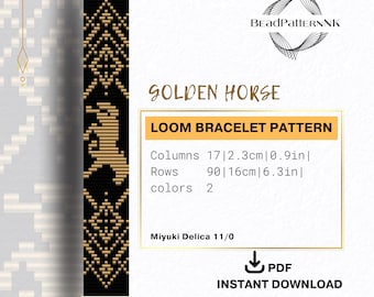 Golden Horse Bead Loom Bracelet Pattern PDF, Western Horse Bracelet, Miyuki Delica Pattern, Equestrian Beading Design, Instant Download