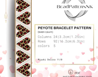Beaded Heart Bracelet Pattern - Even Count Peyote Stitch Bracelet Pattern Miyuki Delica Leopard Heart Seed Bead Pattern Beadwork Jewelry PDF