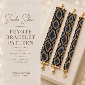 May include: Three beaded bracelets featuring a black, blue, and gold snake skin pattern with gold-tone metal end caps and lobster clasps. The text reads: Snake Skin PEYOTE BRACELET PATTERN ( EVEN COUNT ) INSTANT DOWNLOAD MIYUKI DELICA 11/0 BEADS CHART BeadPatternNK BEADING PATTERNS.