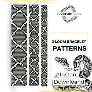 May include: Three loom bracelet patterns with a geometric design in black, grey, and cream. The patterns are displayed vertically. The image also includes a graphic with the text "3 Loom Bracelet Patterns" and "Instant Download".